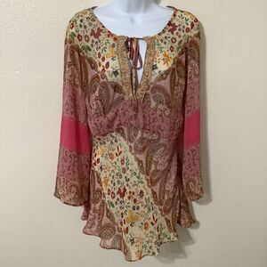 Clothing Co Bohemian Hippie Pink Paisley Patchwork Sheer Peasant Blouse Small